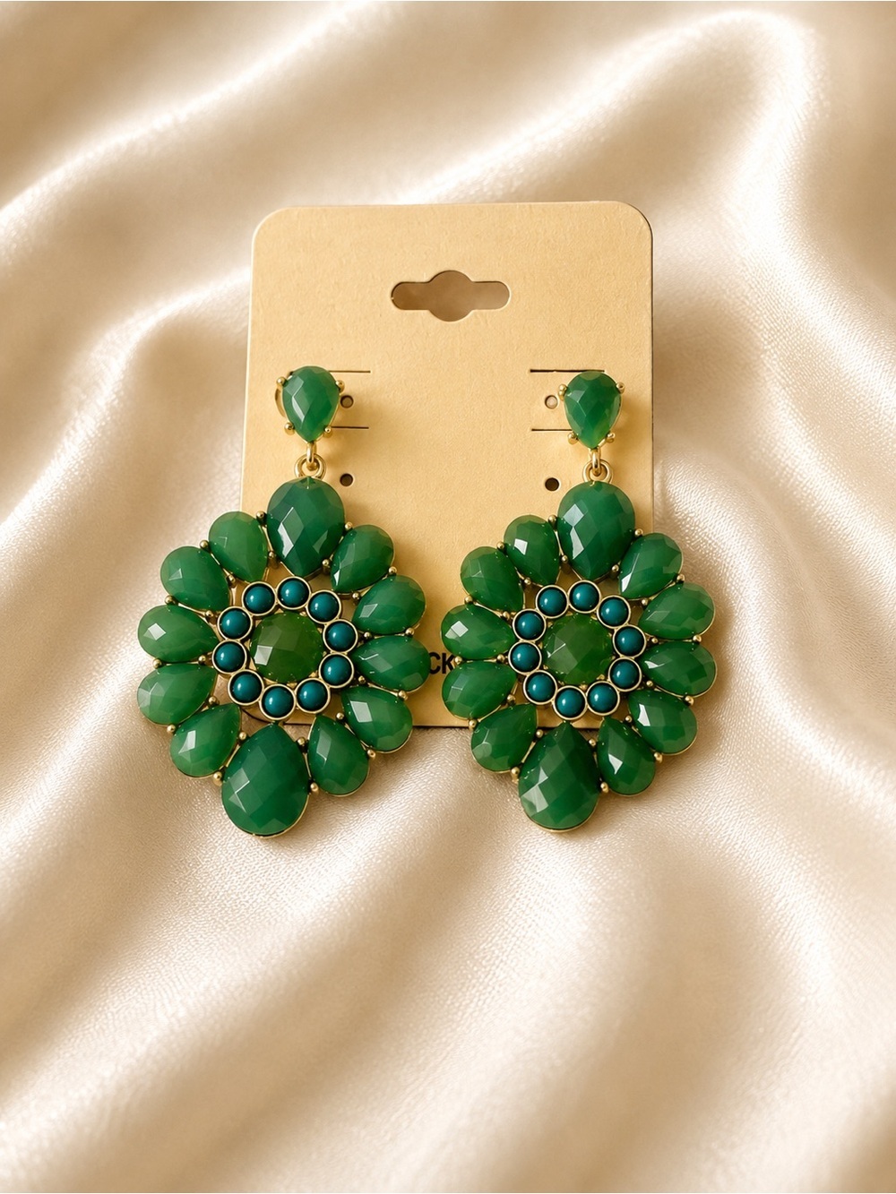 Green Floral Drop Earrings with Gold Accents